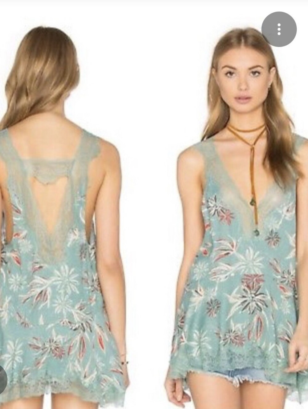 Free People NWOT Bellflower Lace Trim Floral Sleeveless Tunic in Sea Glass Blue